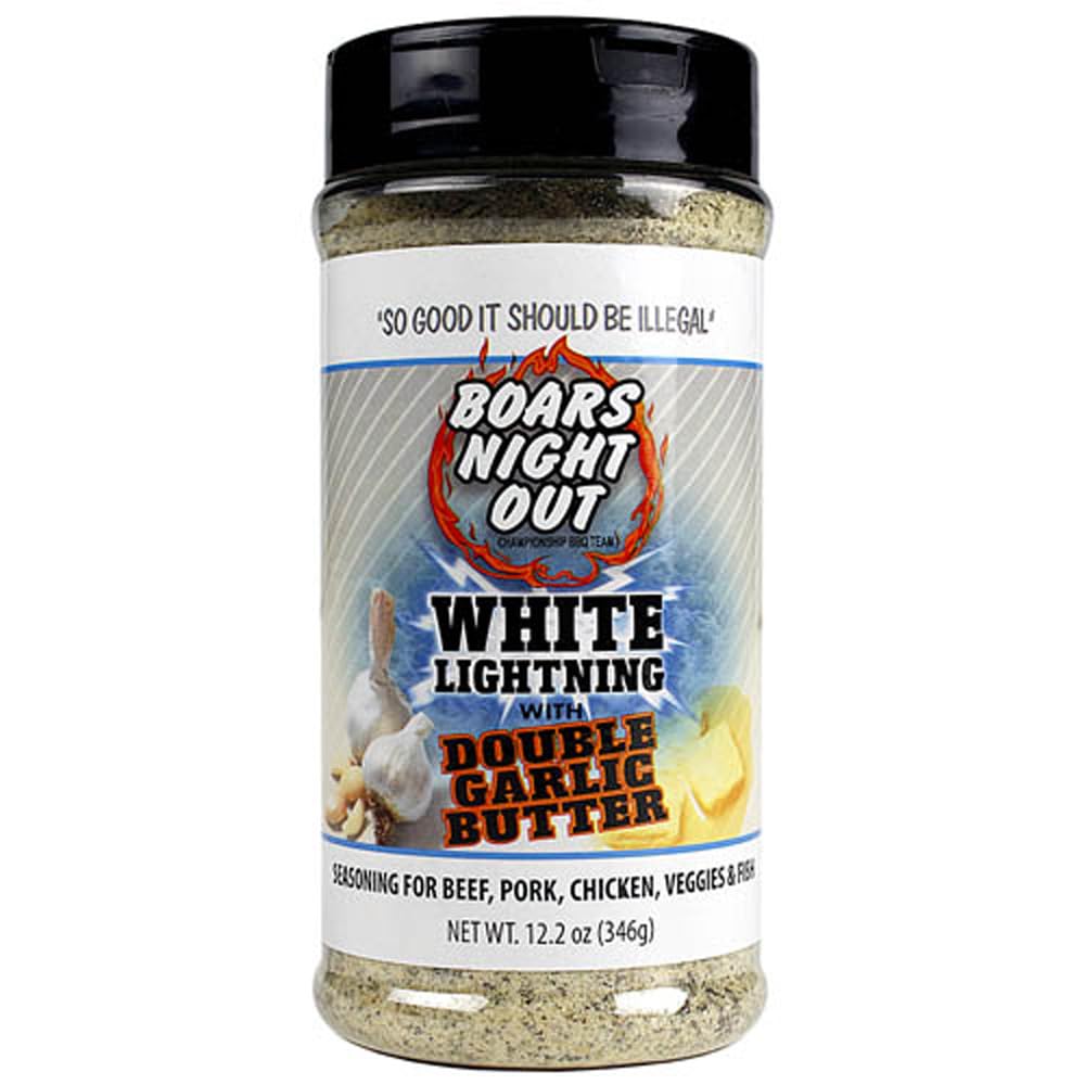 Boars Night Out White Lightning garlic butter bottle pour enhances grilled meats.