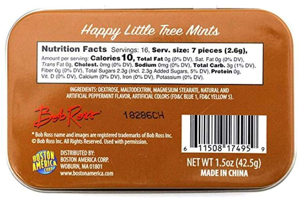 Bob Ross Happy Little Tree Mints tin opened to reveal the mints and design