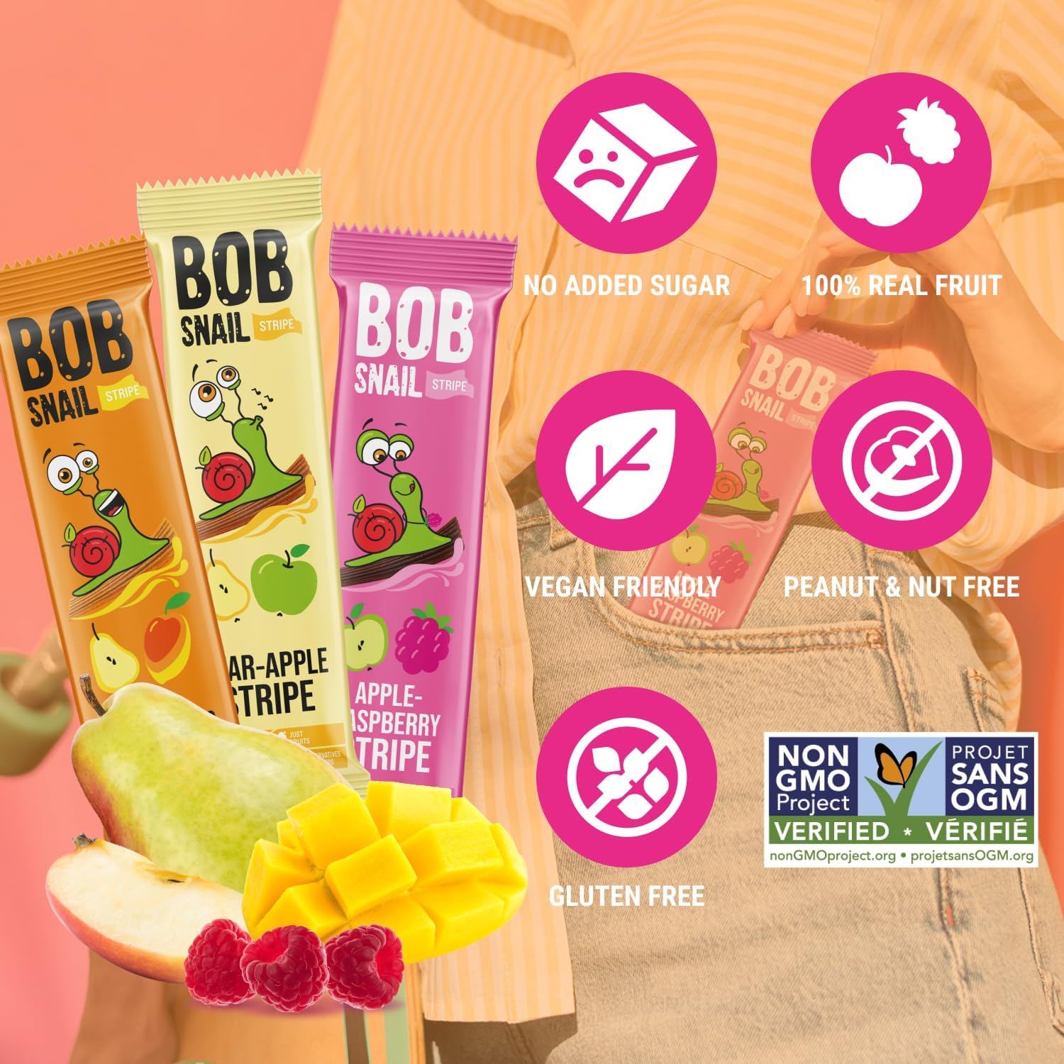 Bob Snail raspberry fruit leather slice, vegan and sugar-free kid-friendly treat.