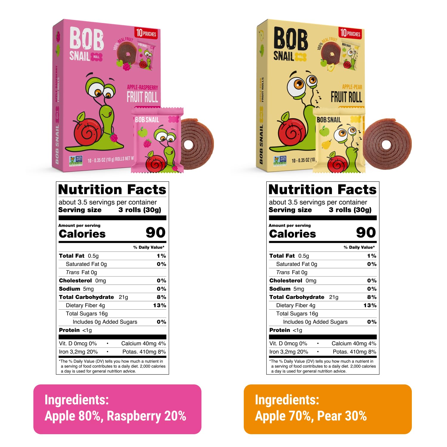 Bob Snail Fruit Roll-Ups unwrapped-roll reveals chewy fruit texture for on the go