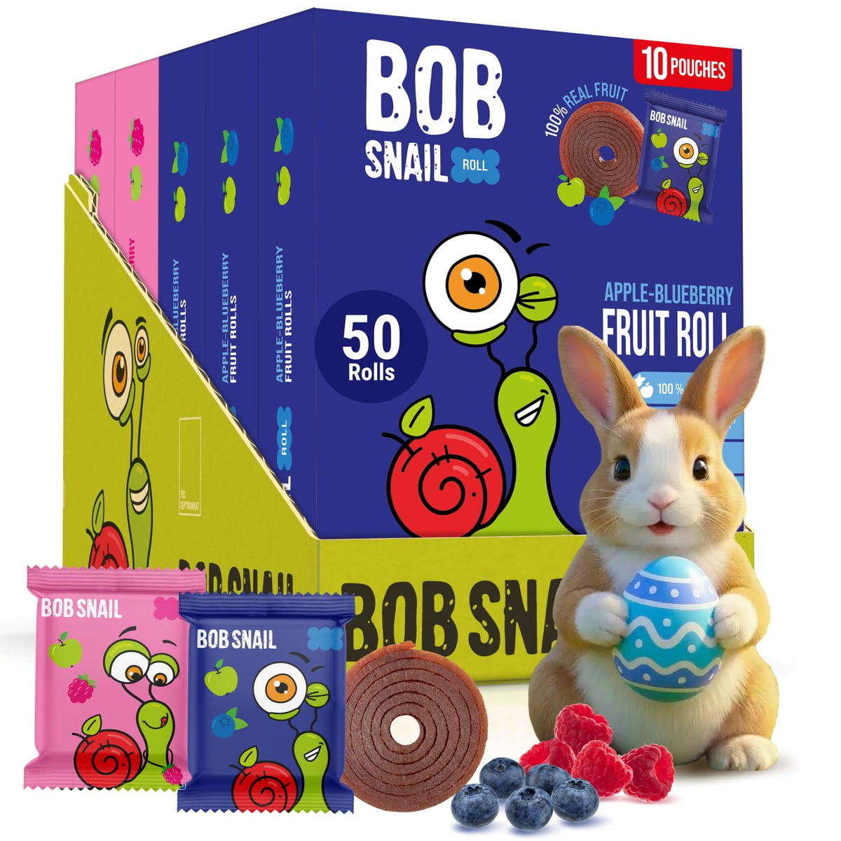 Bob Snail Fruit Roll-Ups blue and purple rolls close-up, naturally fruit-sweetened snack for on-the-go