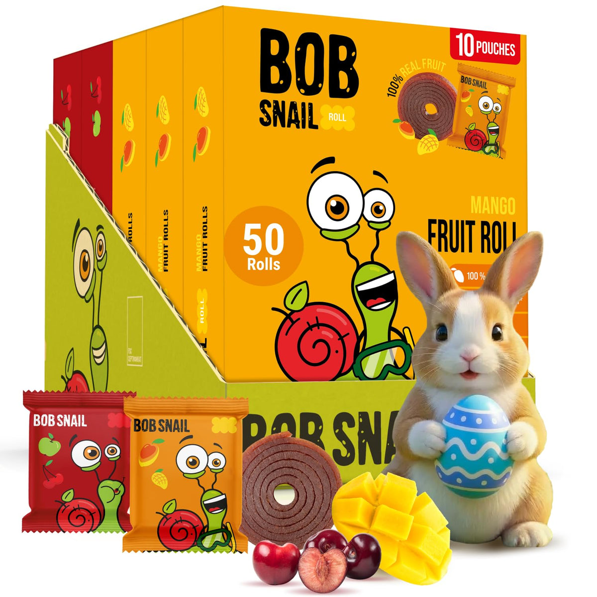 Bob Snail Fruit Roll Ups mango-sour cherry pack front for on-the-go fruit snack.
