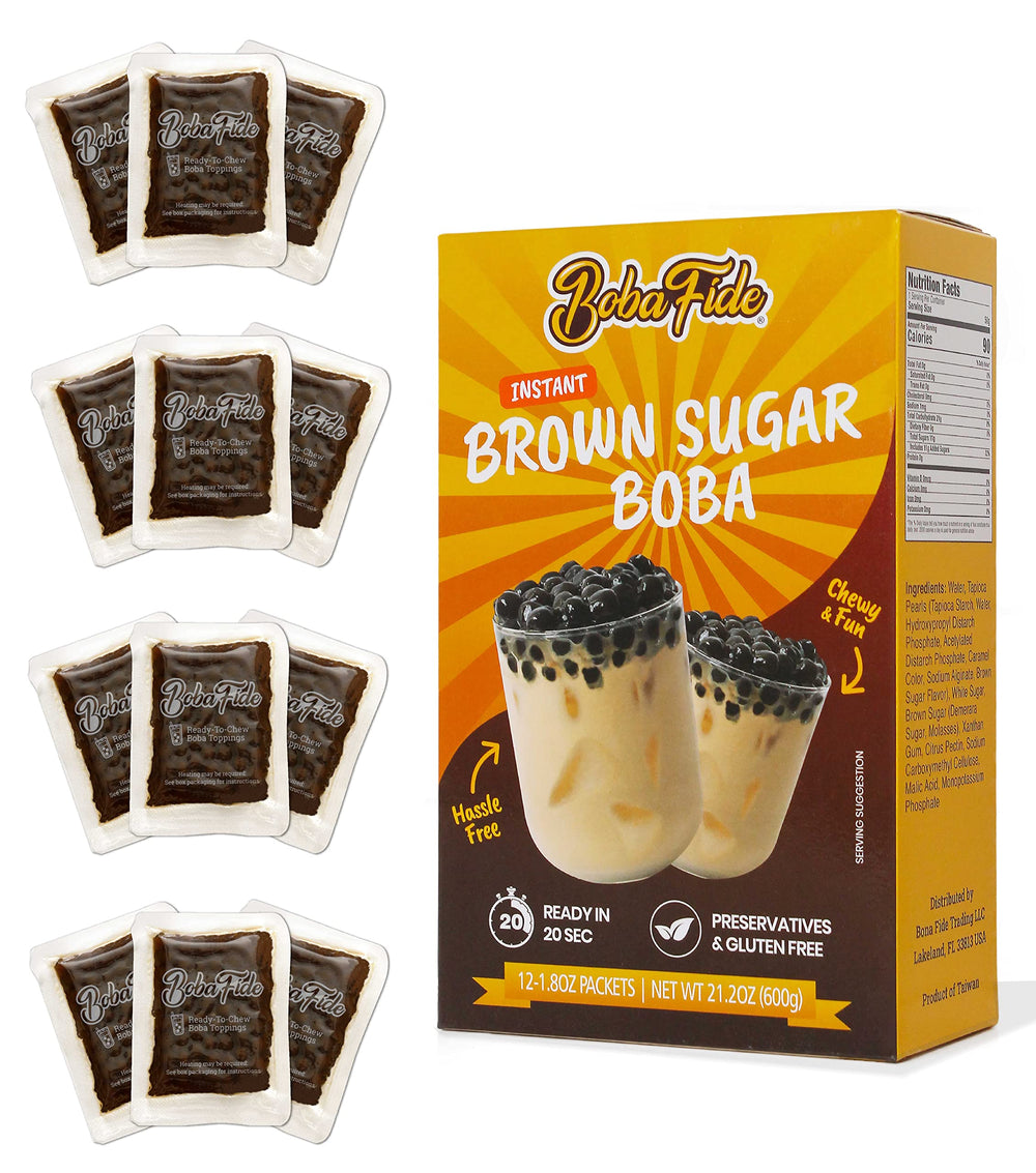 Boba Fide instant brown sugar boba packaging shows convenient microwavable pearls for quick tea topping.