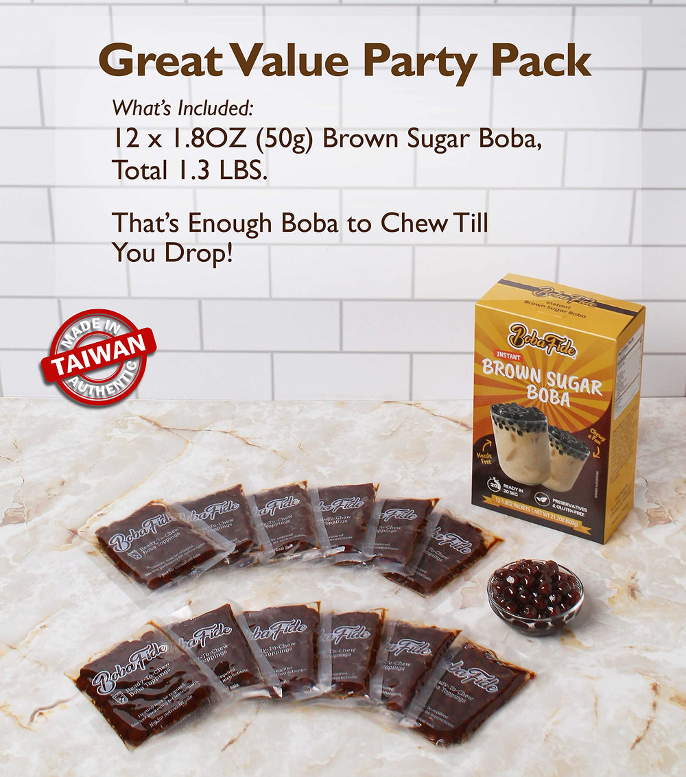 Boba Fide ready-to-serve boba tea shot highlights no refrigeration needed.