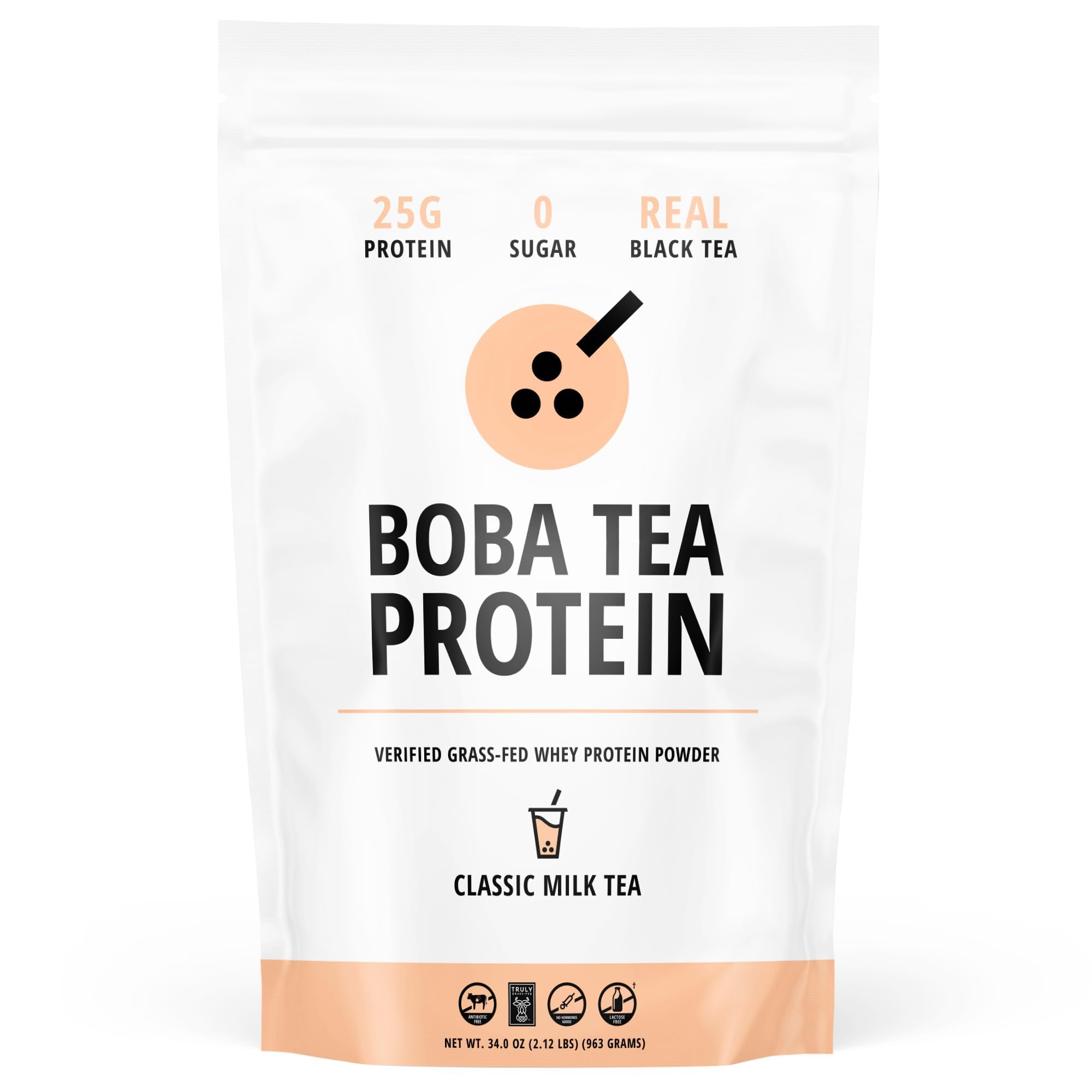 Boba Tea Protein Classic Milk Tea bottle with scoop shows real ingredients for a protein mix anytime snack