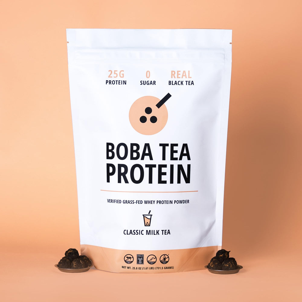 Boba Tea Protein Classic Milk Tea ice-cold glass suggesting a refreshing option.