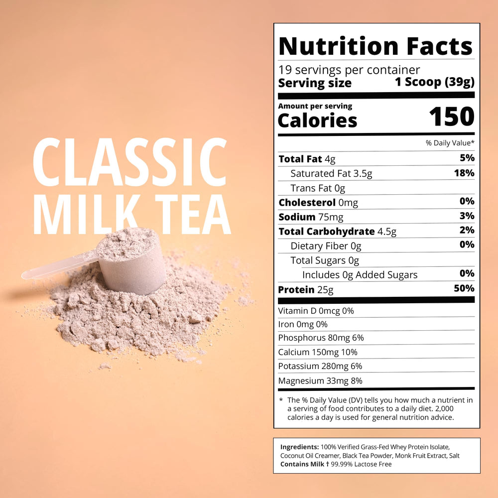 Boba Tea Protein Classic Milk Tea prepared drink in glass ready to enjoy.