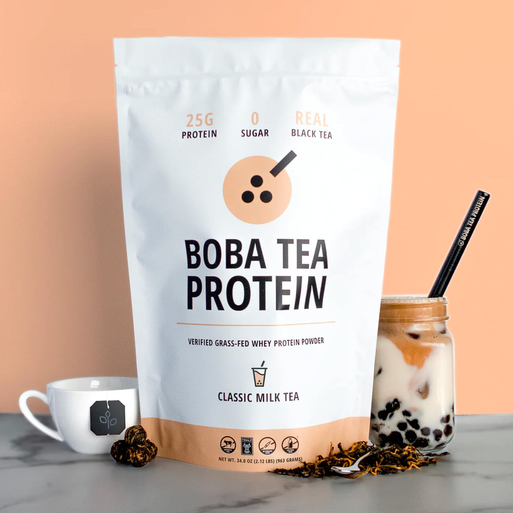 Boba Tea Protein Classic Milk Tea powder in a shaker for a quick protein boost