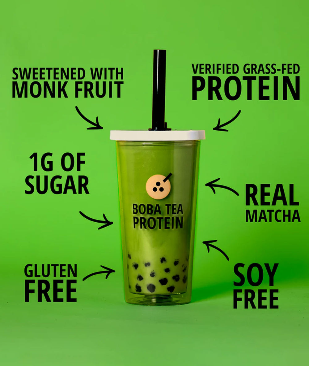 Boba Tea Protein Matcha Latte ingredients panel highlights real matcha and whey.