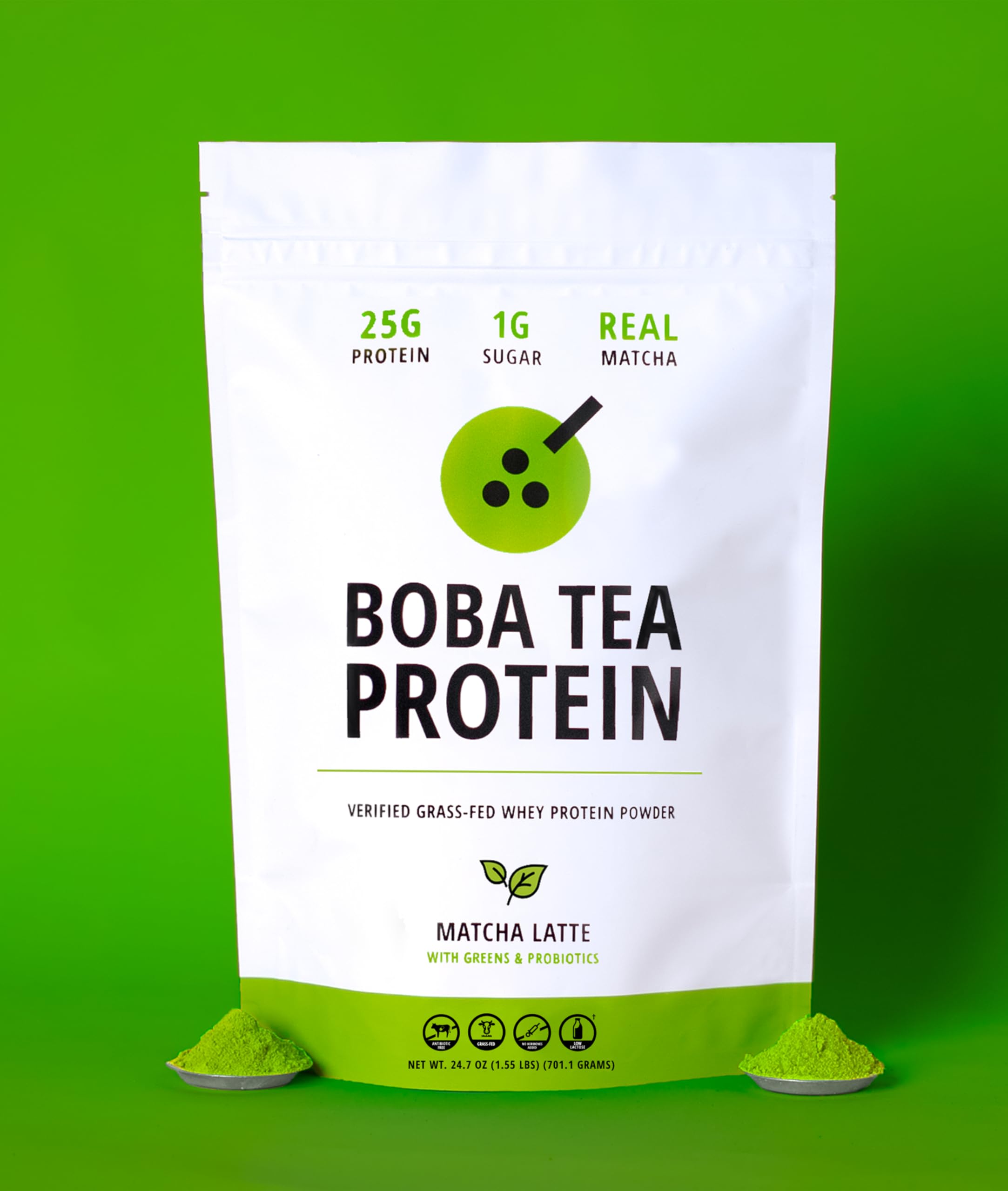 Boba Tea Protein Matcha Latte packaging signals quality, flavor, and clean ingredients.