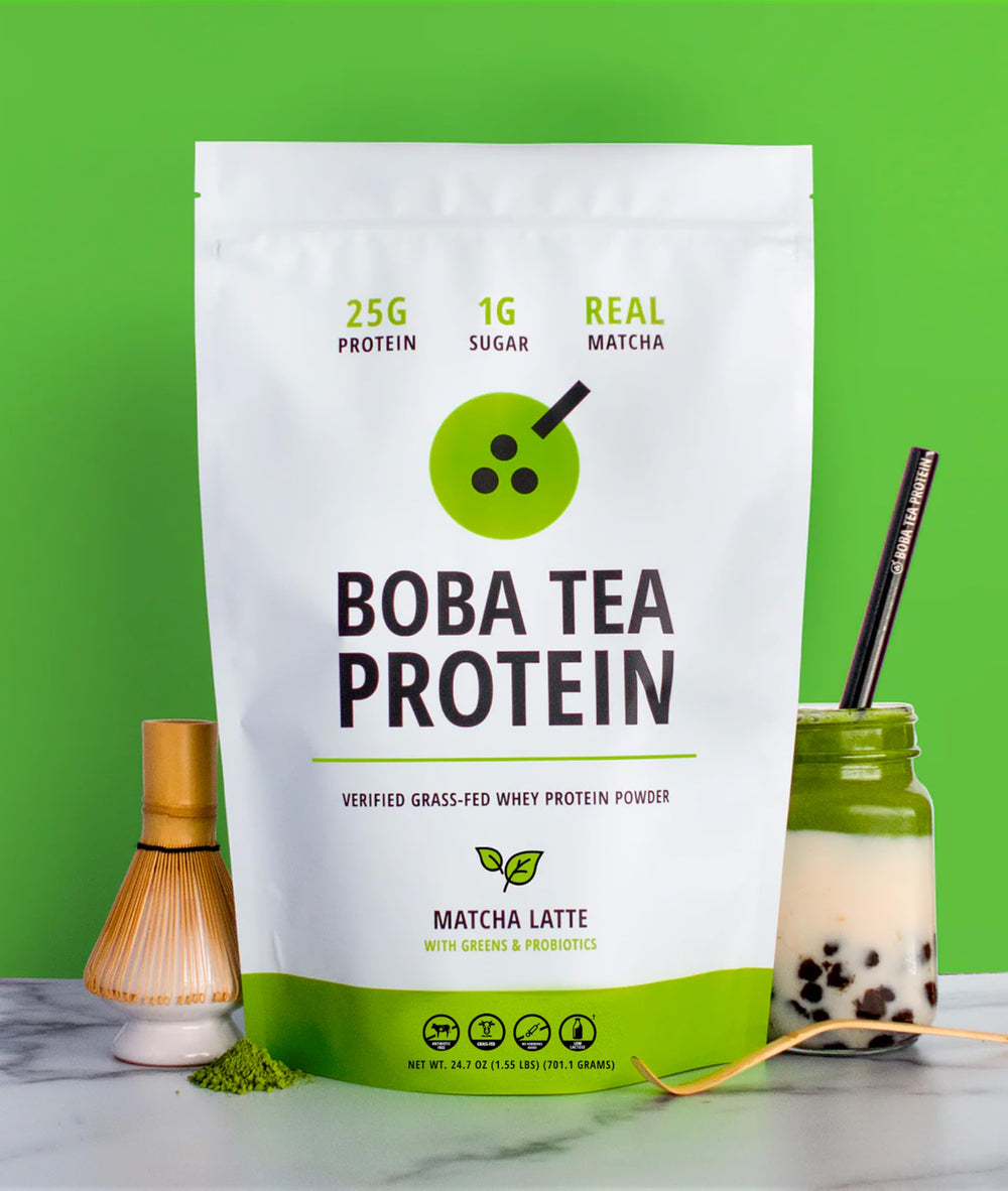 Boba Tea Protein Matcha Latte pour captures smooth texture for a refreshing shake.