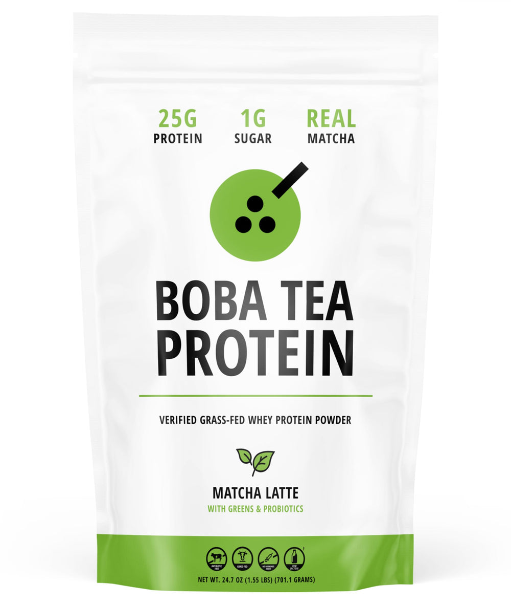 Boba Tea Protein Matcha Latte scoop shows premium powder for quick, convenient protein.