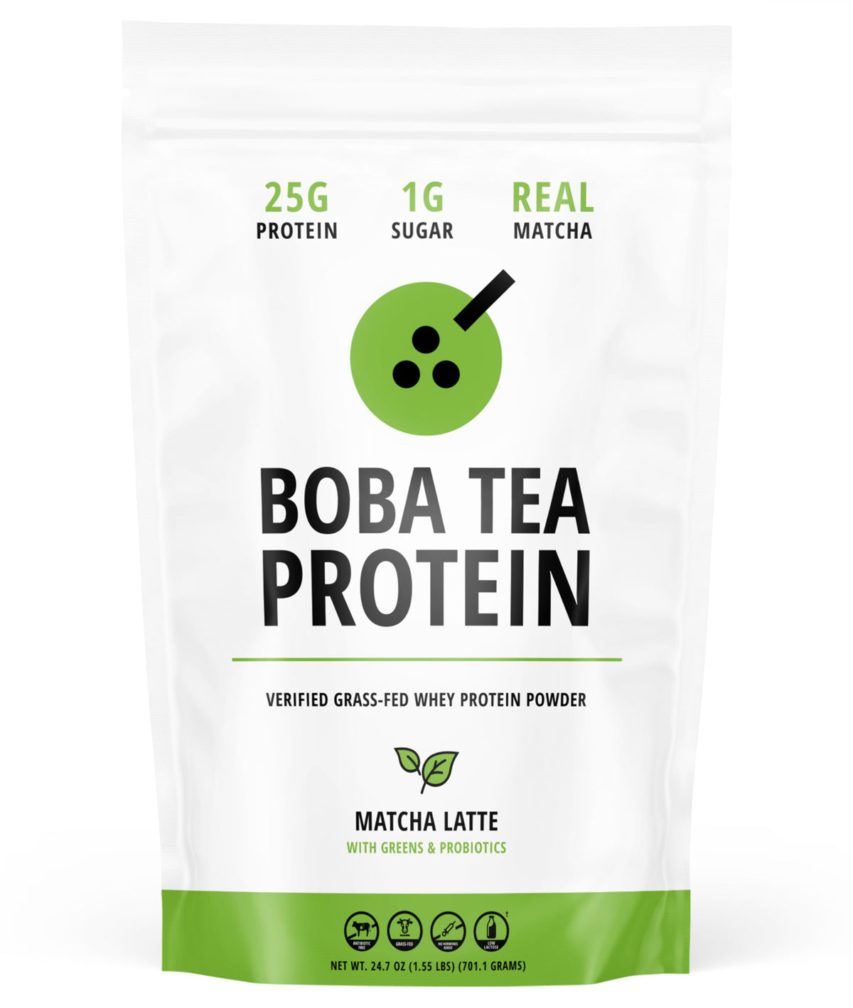 Boba Tea Protein Matcha Latte scoop shows premium powder for quick, convenient protein.