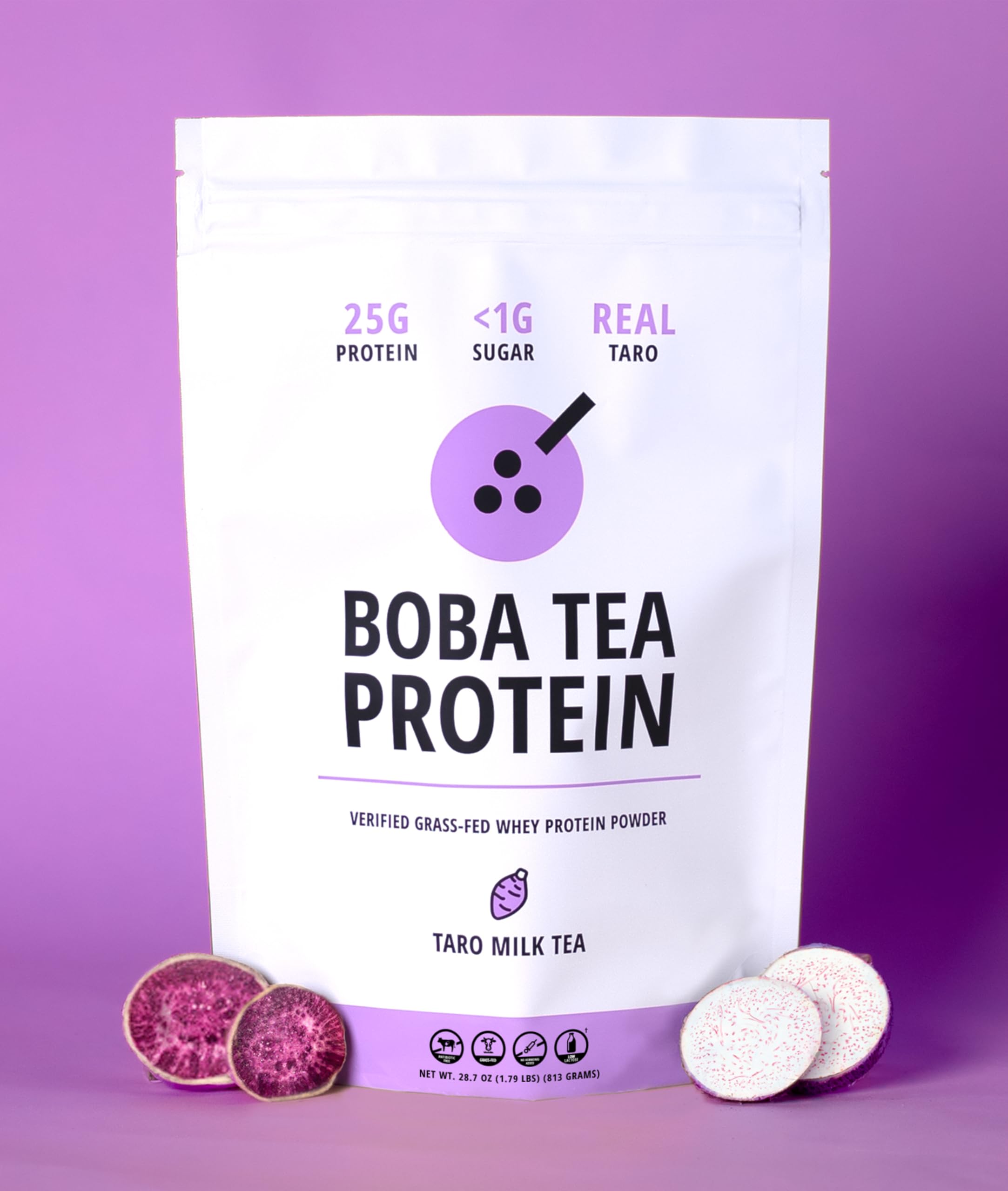Boba Tea Protein taro milk tea glass highlighting lactose-free and gluten-free benefits.