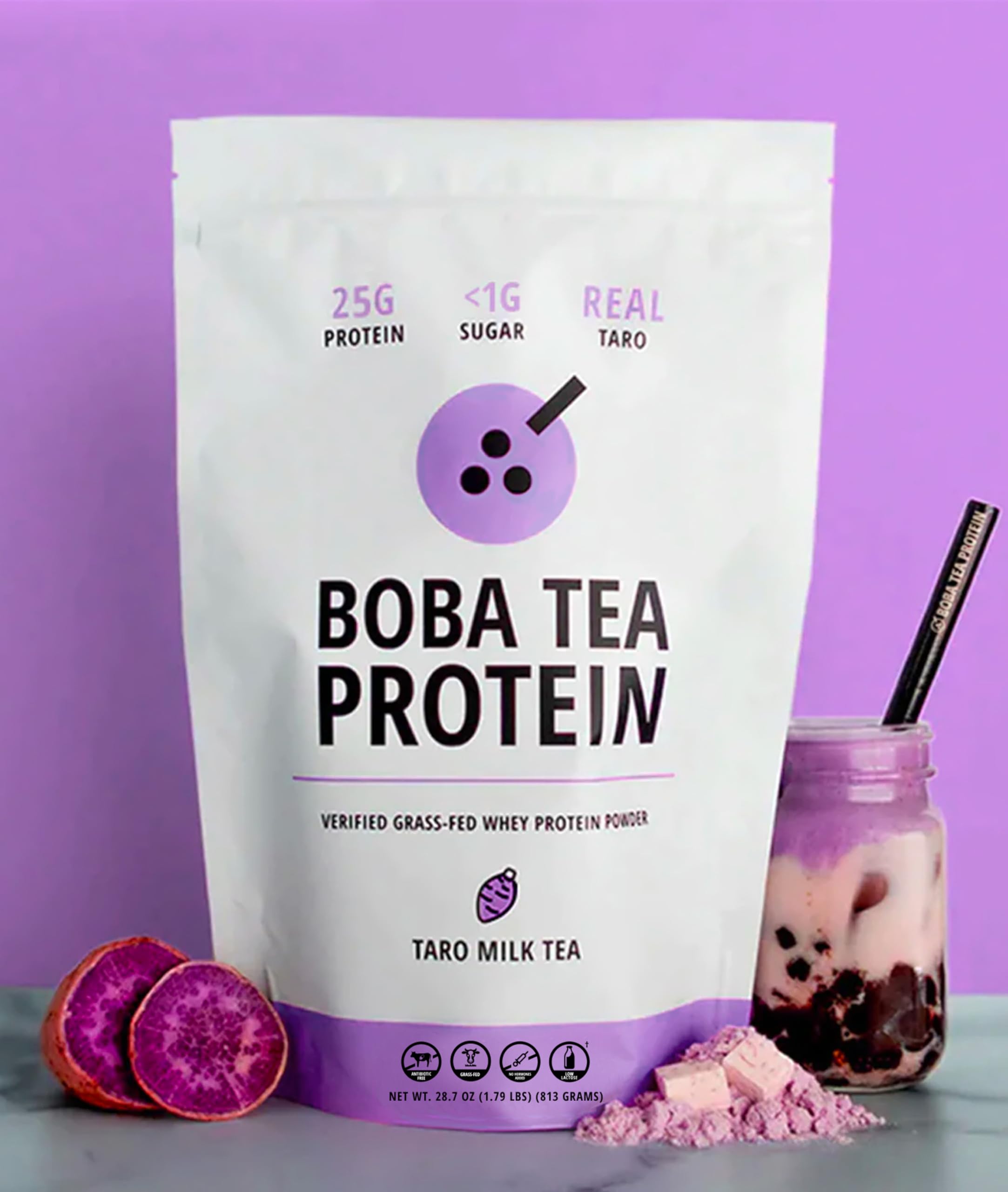 Boba Tea Protein taro milk tea label showcasing real ingredients and allergen info.