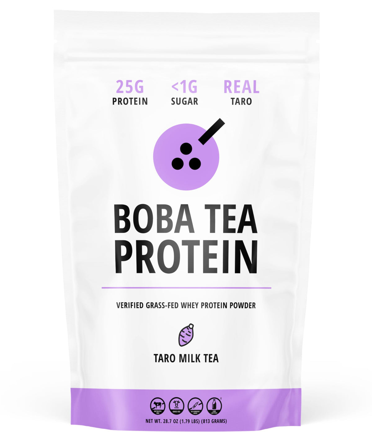 Boba Tea Protein taro milk tea powder in a labeled jar, high-protein mix for on-the-go.