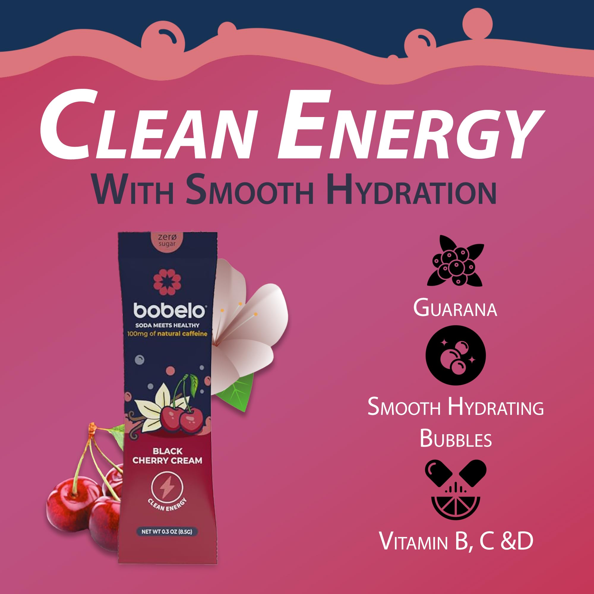 Bobelo Black Cherry Cream energy drink in glass showing rich flavor and color