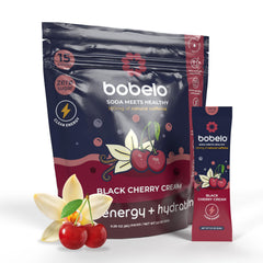 Bobelo Black Cherry Cream energy powder sachet for a sugar-free pre-workout boost