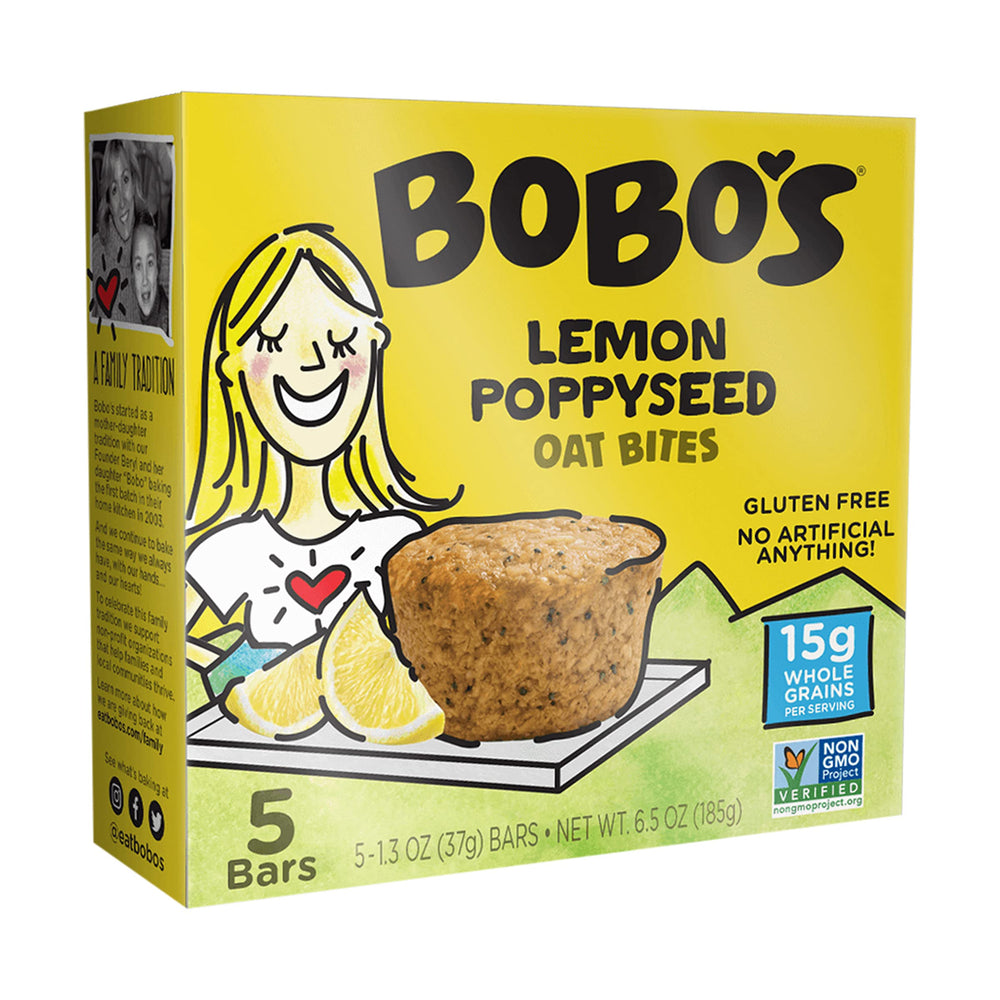 Bobo's Oat Bites Lemon Poppyseed box front for on-the-go snacking