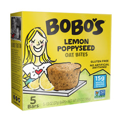 Bobo's Oat Bites Lemon Poppyseed box front for on-the-go snacking