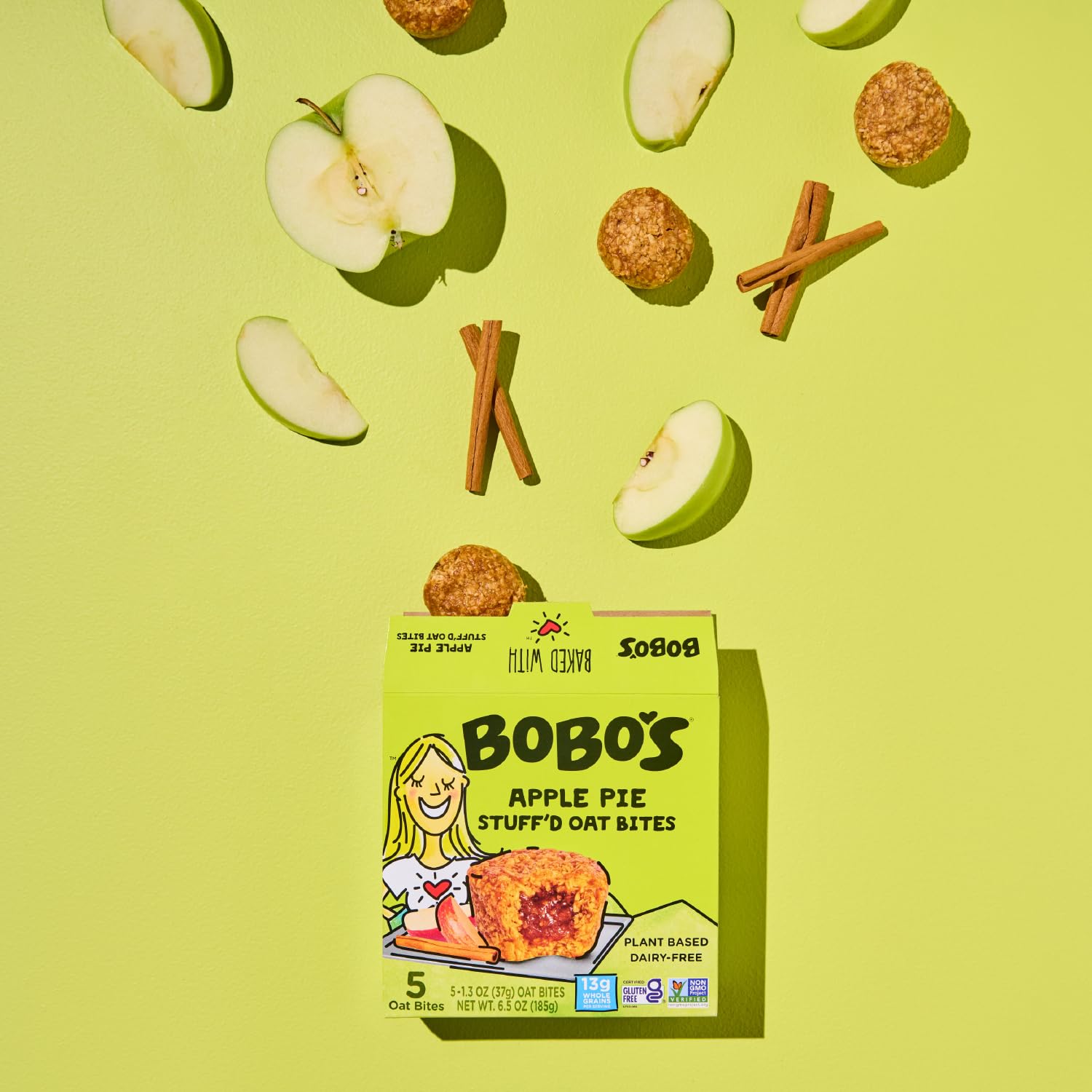 On-the-go Bobo's Apple Pie Bite with non-GMO oats and gluten-free promise.