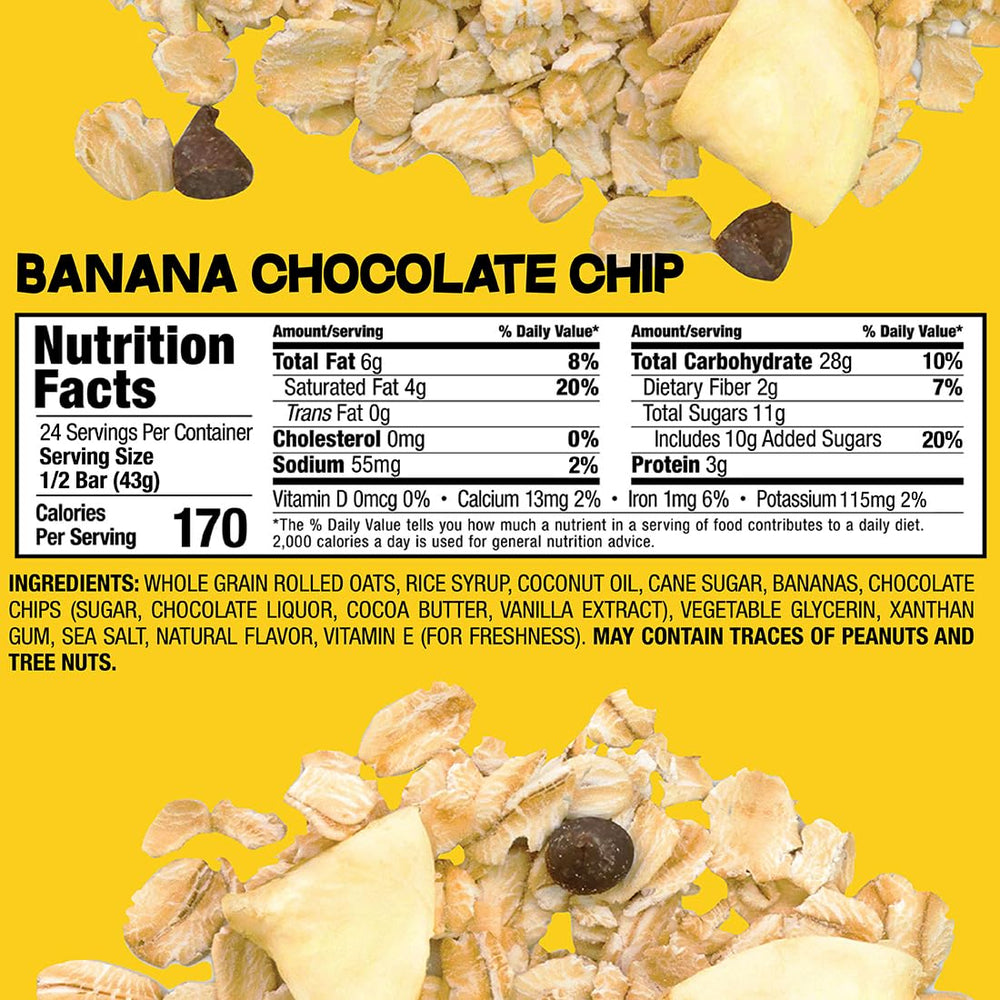 Bobos Banana Chocolate Chip Oat Bar ingredients close-up—simple, non-GMO oats.