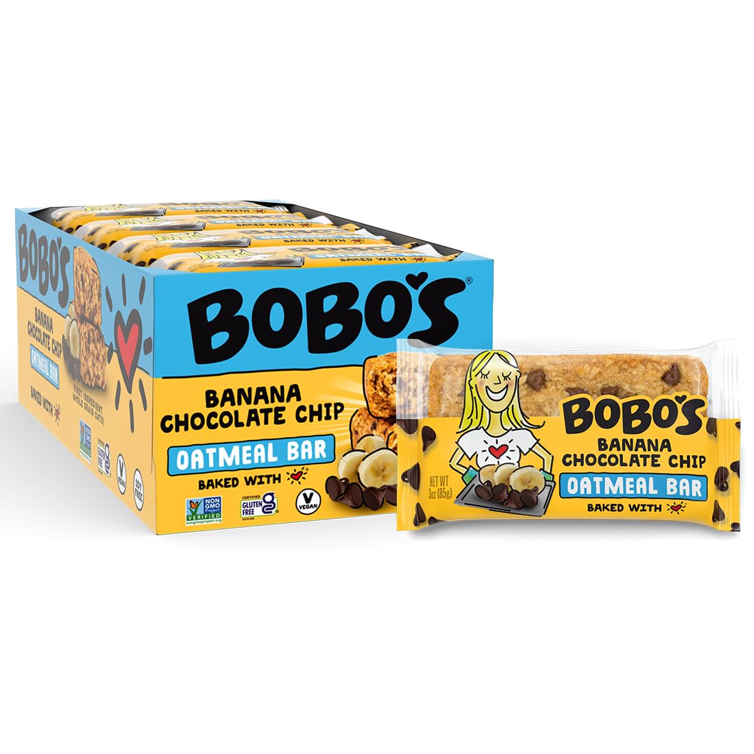 Bobos Banana Chocolate Chip Oat Bar on-the-go snack for busy days.