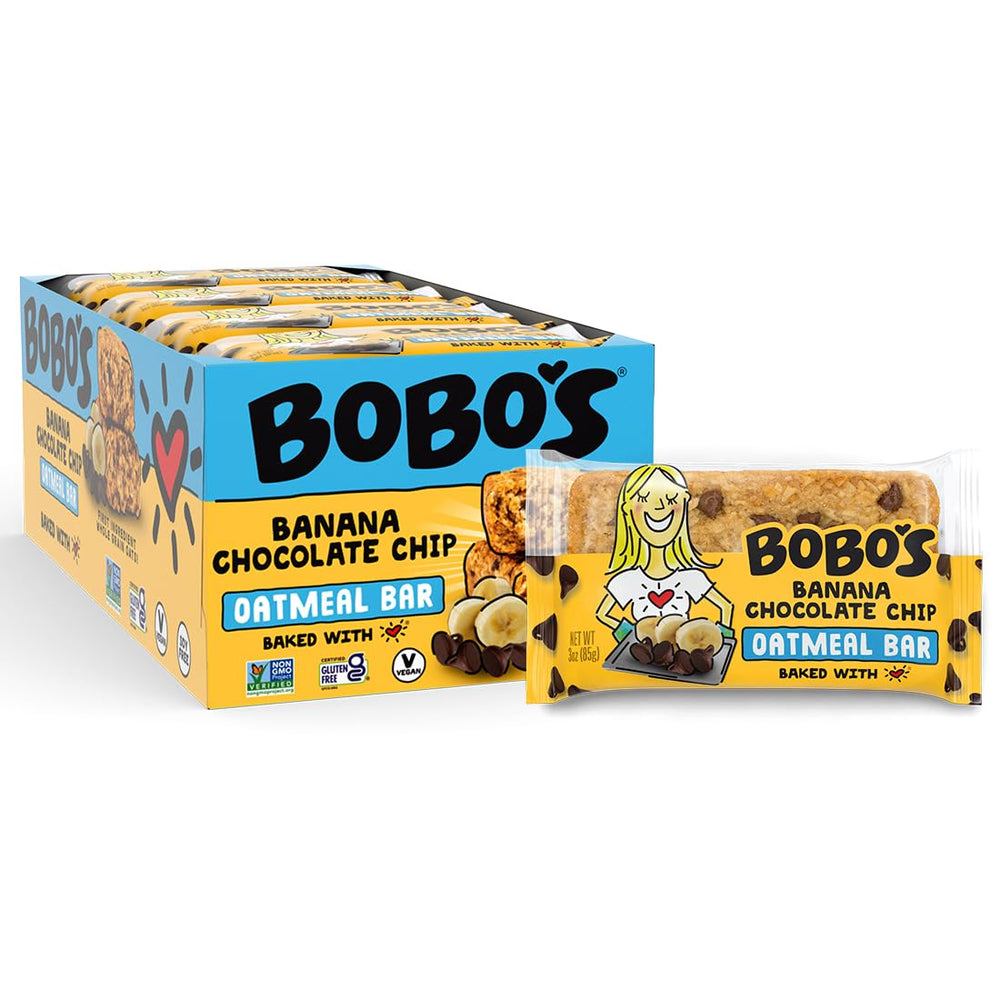 Bobos Banana Chocolate Chip Oat Bar on-the-go snack for busy days.