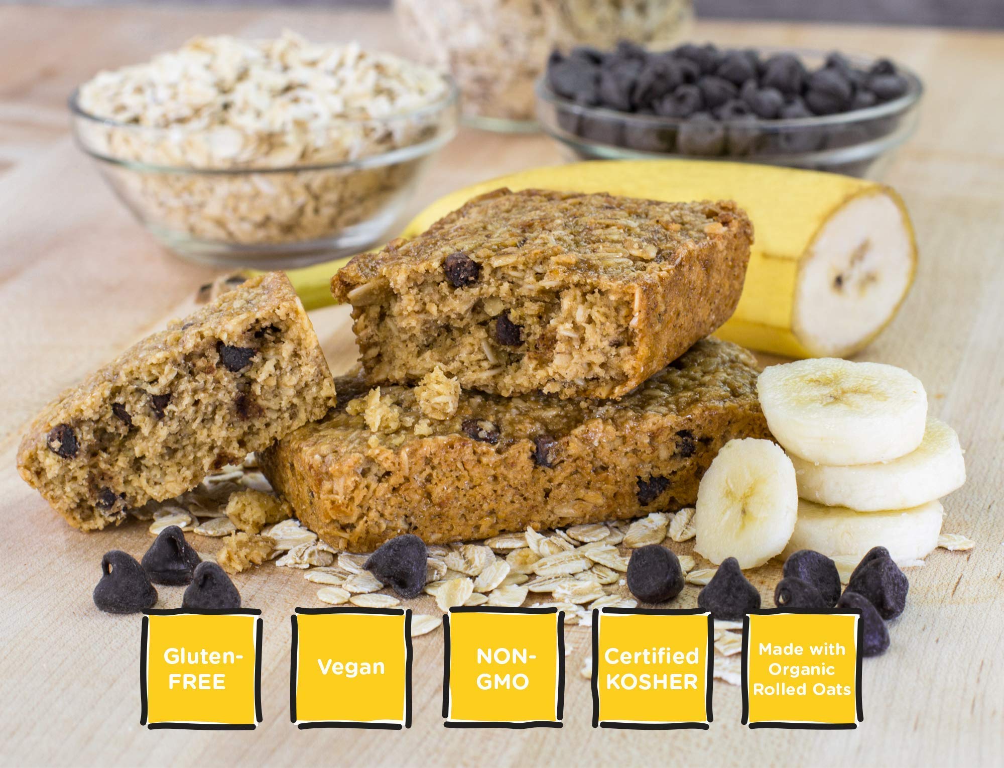 Texture close-up of Bobos Banana Chocolate Chip Oat Bar—soft, hearty oats.