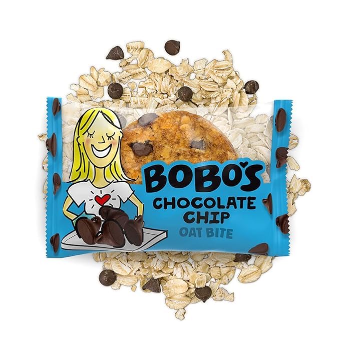 Bobo's Bites chocolate chip close-up, chewy oat texture and chocolate chips visible.