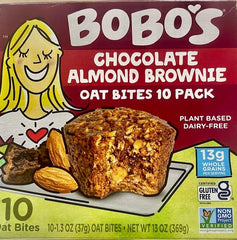 Bobo's Chocolate Almond Brownie Oat Bites box front, gluten-free on-the-go snack.