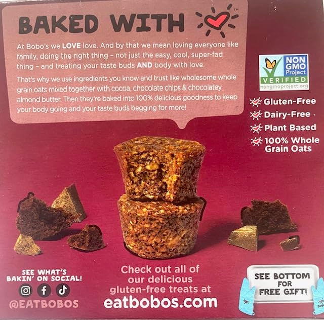 Bobo's Chocolate Almond Brownie Oat Bites close-up, chewy texture with plant-based ingredients.