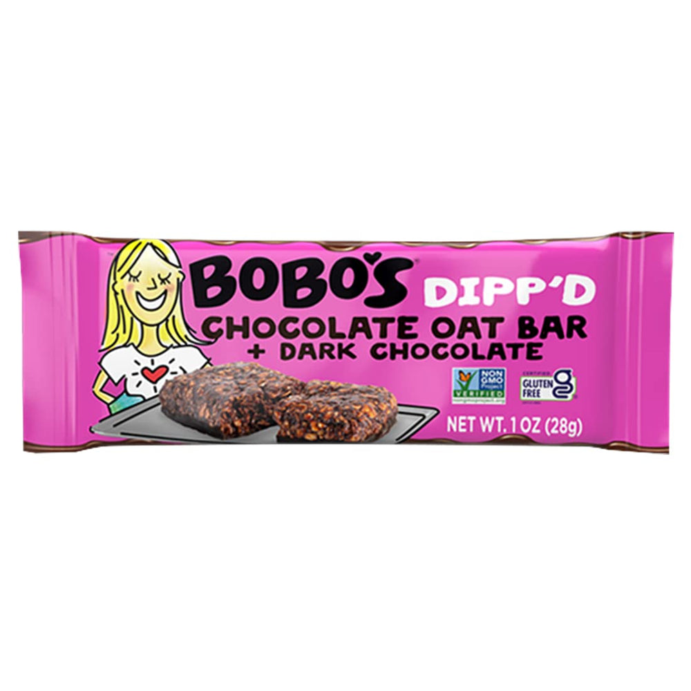 Bobo's Dipp’d Bars packaging, 30-bar case for families and offices.