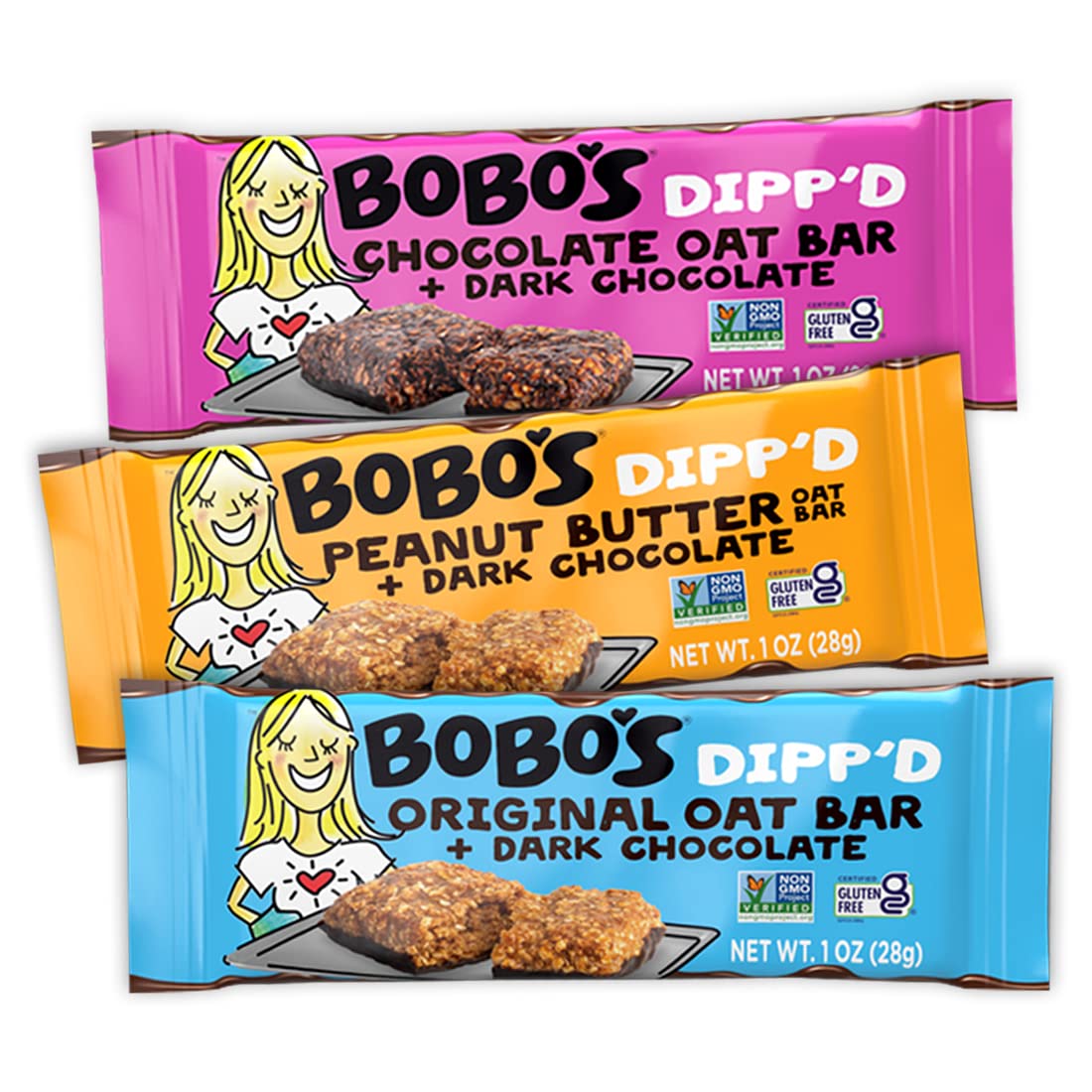 Bobo's Dipp’d Bars variety pack front view, convenient on-the-go snack.