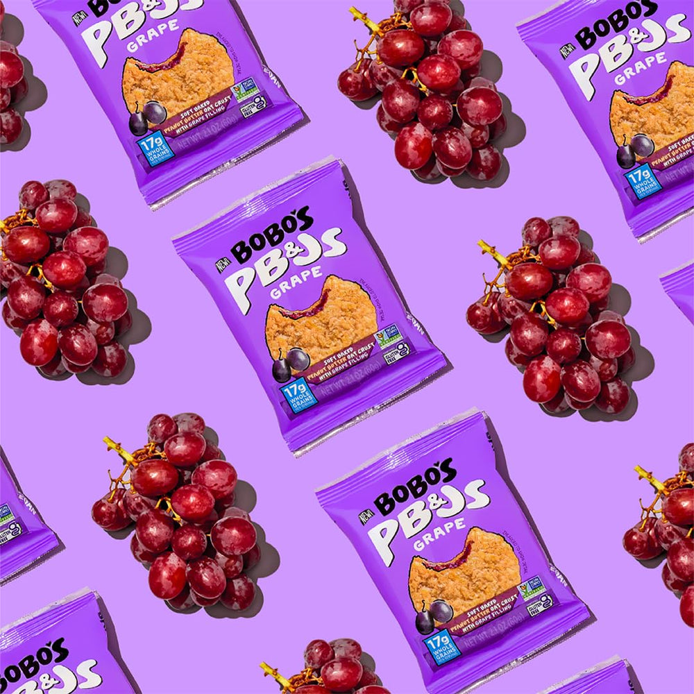 Bobos Grape PB&J oat bar closeup, nostalgic flavor with chewy texture