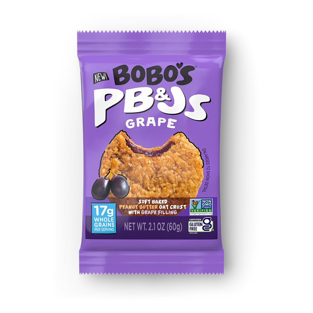 Bobos Grape PB&J oat bar packaging, gluten-free snack on the go with simple ingredients