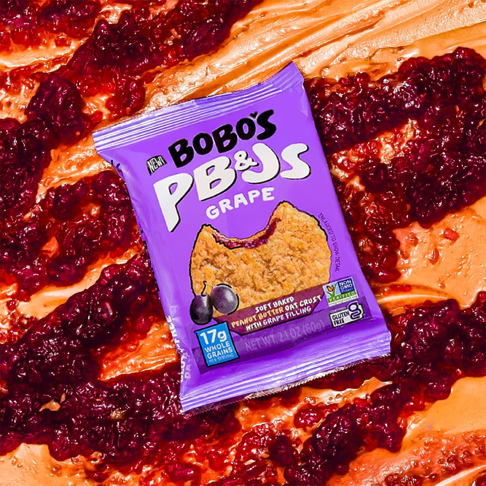 Bobos Grape PB&J oat bar pantry shot emphasizes easy wrapping