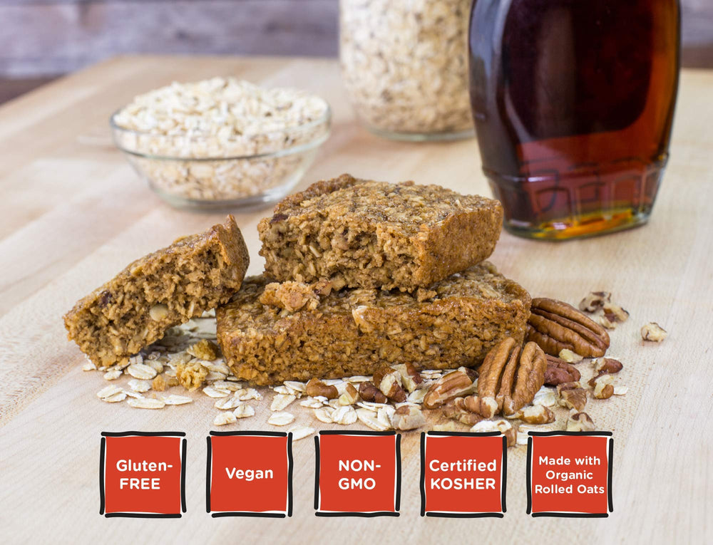 Bobo's Maple Pecan Oat Bar on shelf showcases gluten-free option.