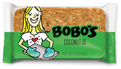 Bobo's Oat Bars Coconut packaging highlights convenient on-the-go snacking
