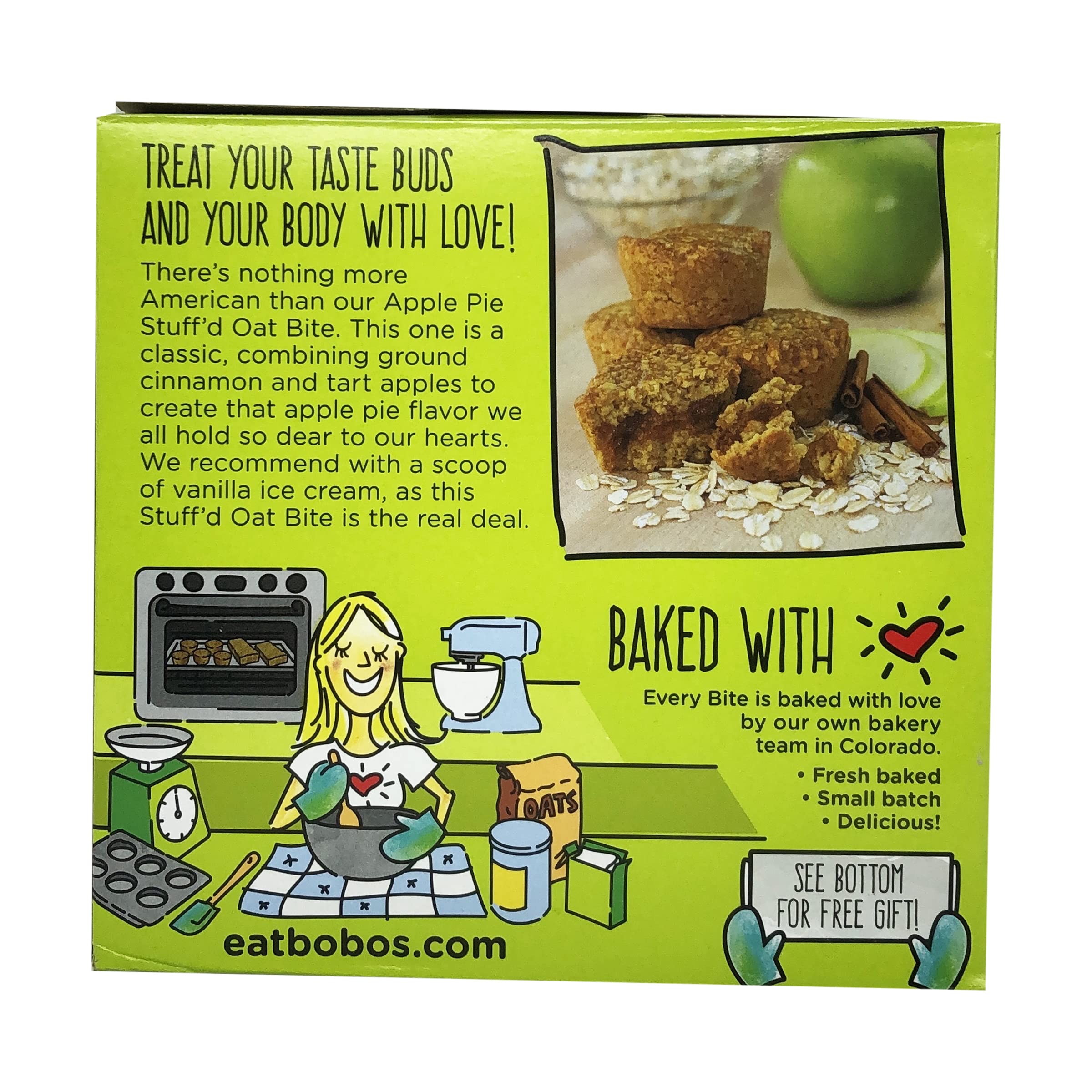 Bobo's Oat Bites Apple Pie Stuffed ingredients list with simple organic components.