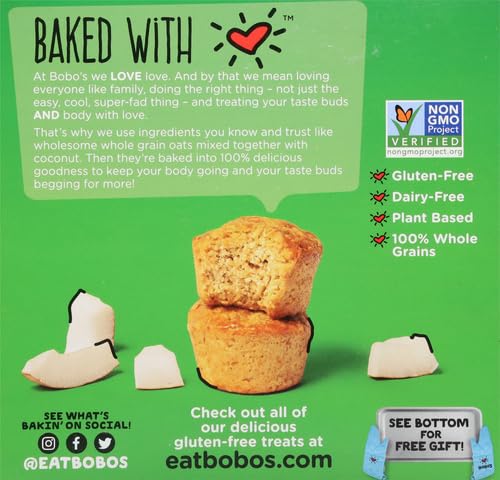 Bobo's Oat Bites Coconut label emphasizes vegan, gluten-free, dairy-free benefits.