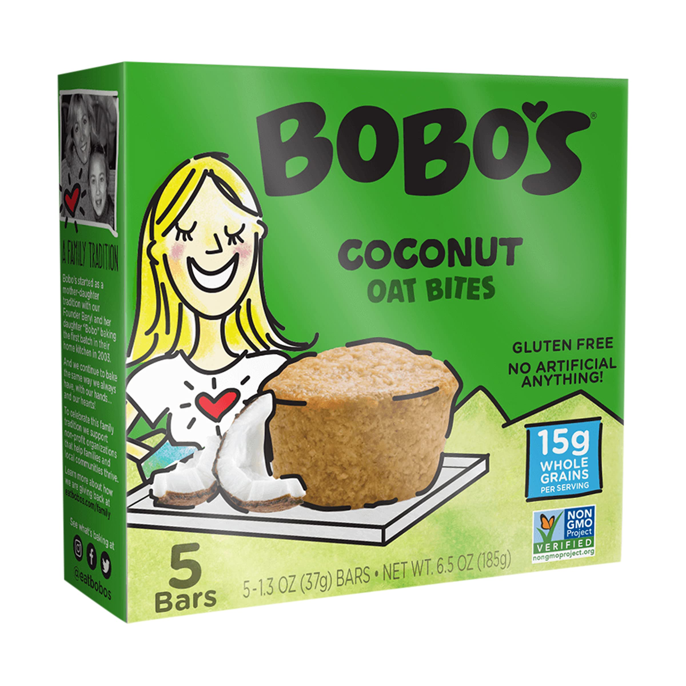 Bobo's Oat Bites Coconut package front shows an on-the-go snack.