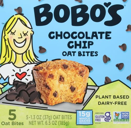 Bobo's Oat Bites Original chocolate chips on-the-go image shows portable snack for busy days.