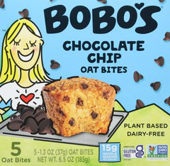 Bobo's Oat Bites Original chocolate chips on-the-go image shows portable snack for busy days.