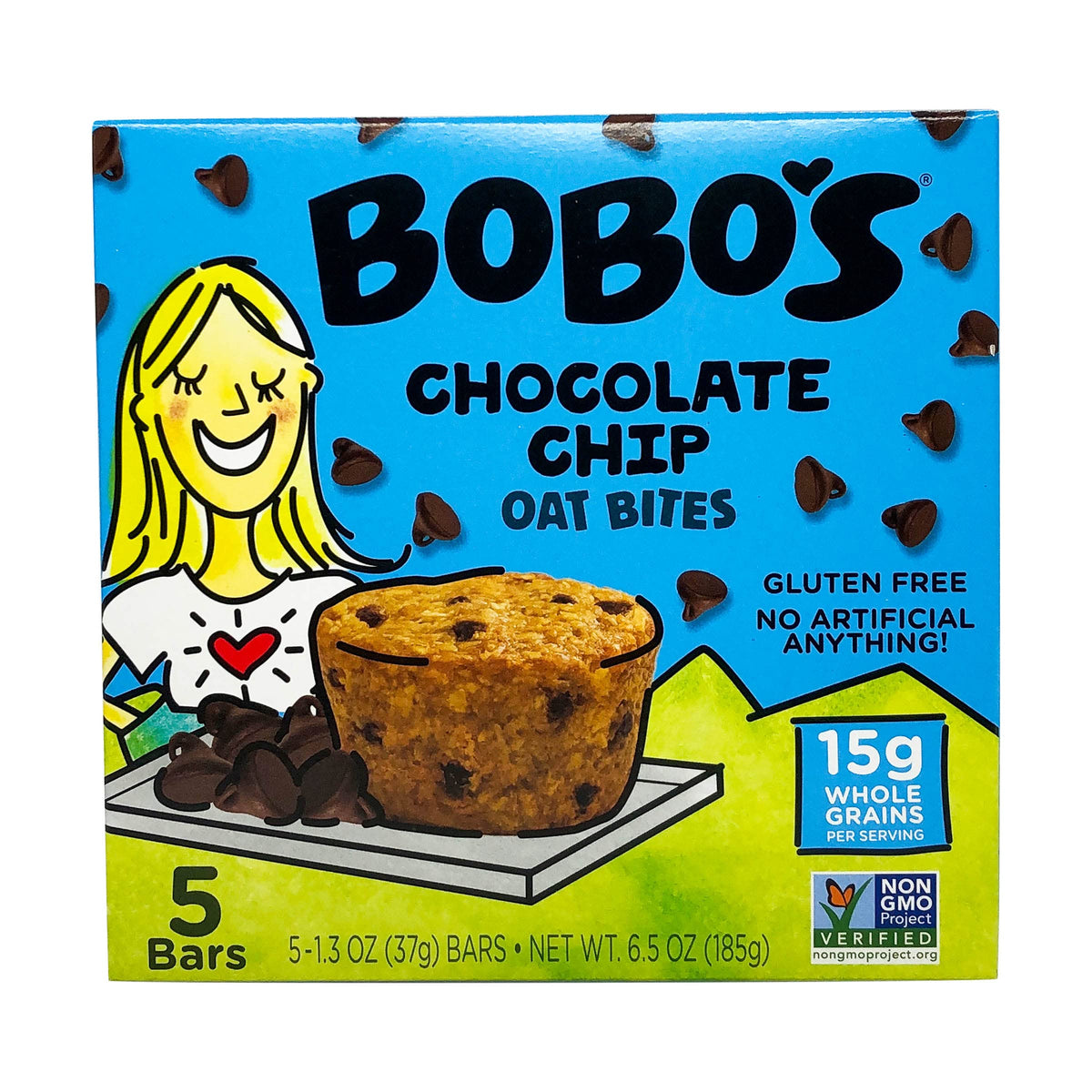 Bobo's Oat Bites Original with Chocolate Chips pack front shows a convenient on-the-go snack.