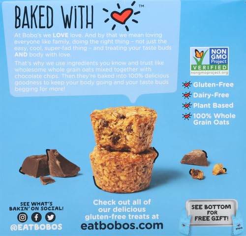 Bobo's Oat Bites Original chocolate chips pack info highlights vegan, gluten-free features.