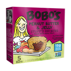 Bobo's Oat Bites peanut butter jelly stuffed bars in a 5-count box for on-the-go snacking.