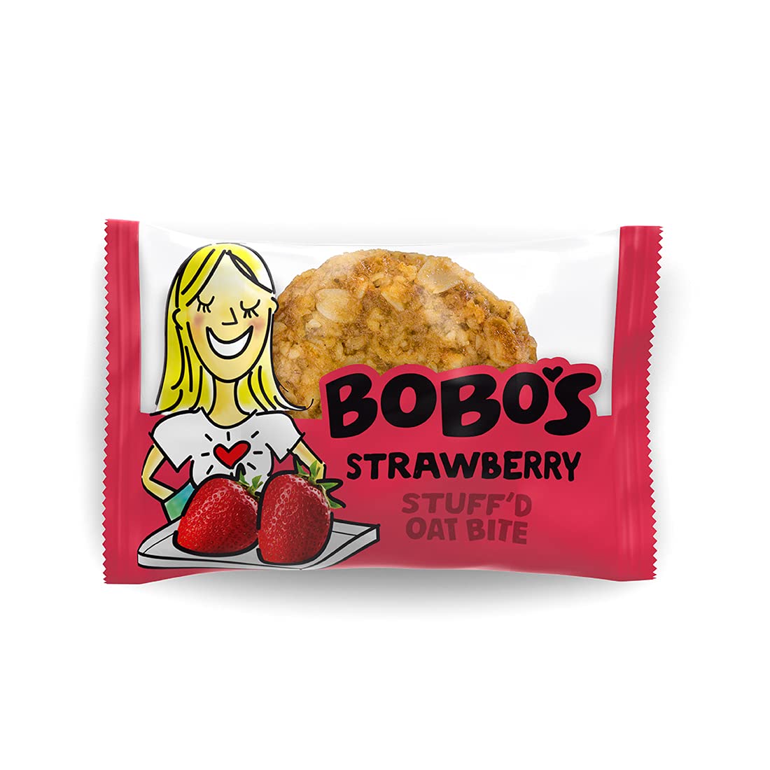 Bobo's Oat Bites strawberry bite close-up showing soft bakery texture.