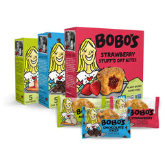 Bobo's Oat Bites Stuff'd variety-pack display for on-the-go snacking.