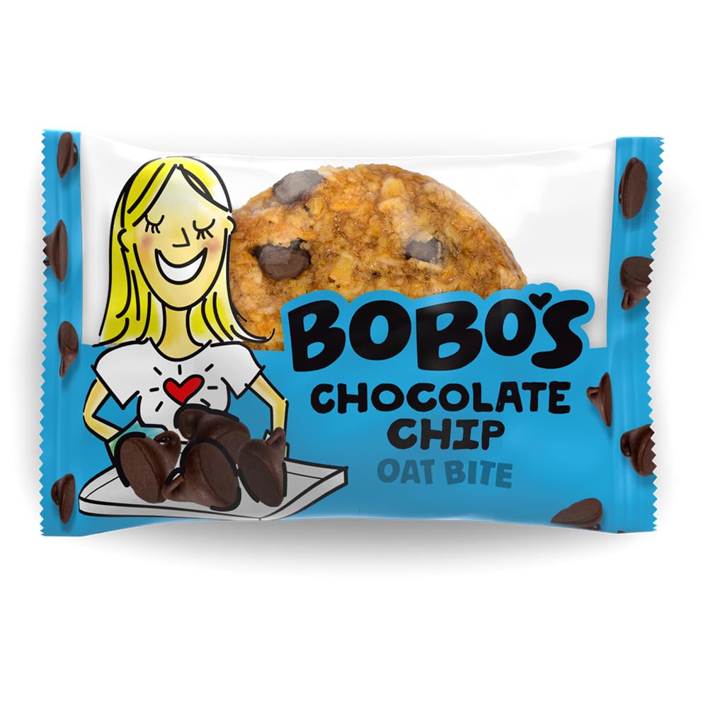 Bobo's Original Chocolate Chips Oat Bites packaging, gluten-free on-the-go snack.
